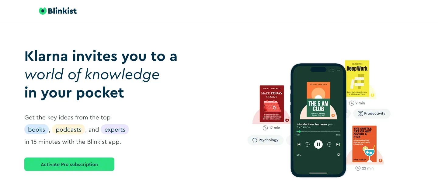 The Blinkist Klarna partner page: "Klarna invites you to a world of knowledge in your pocket" beside the Blinkist app.