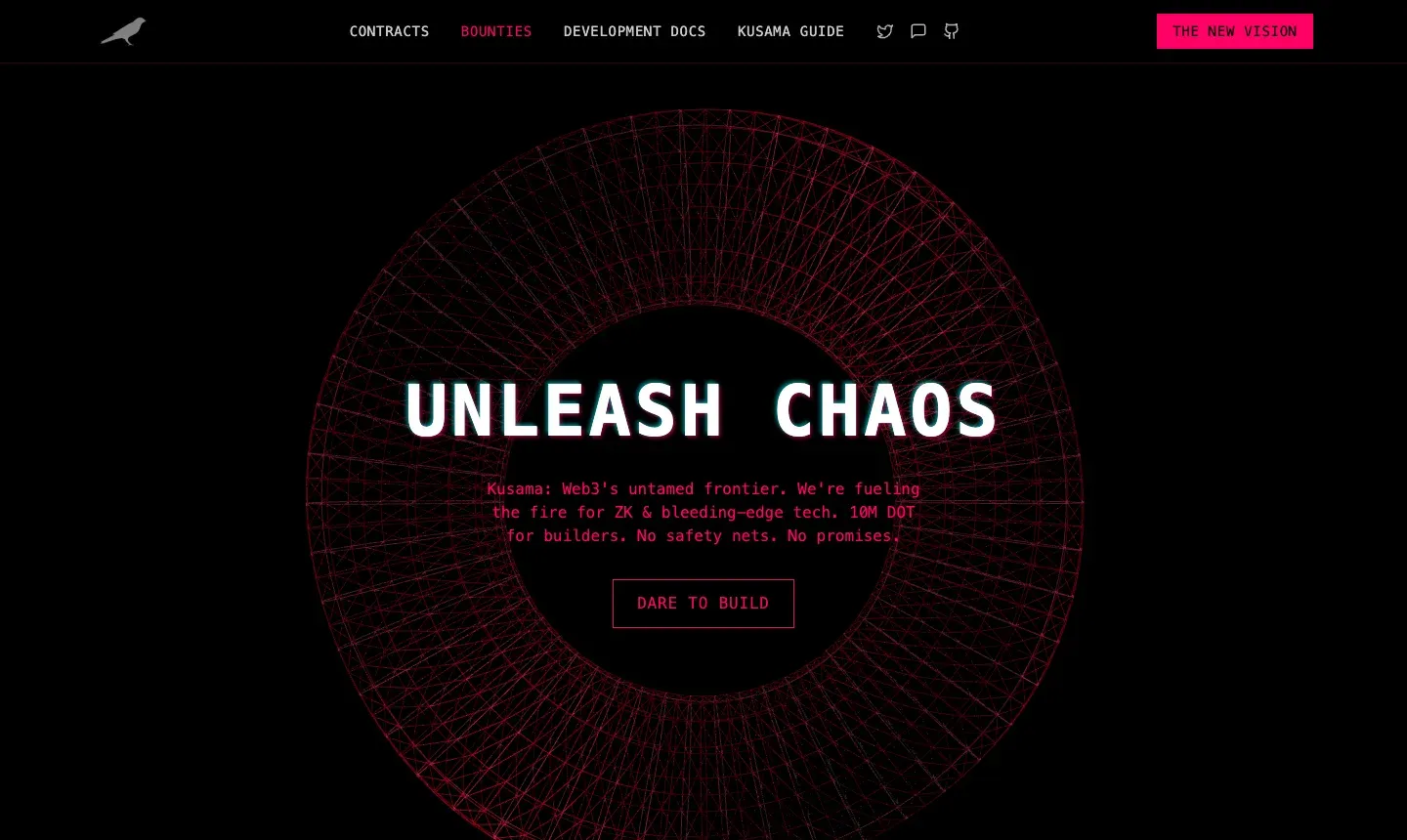 The Kusama Network homepage: "Unleash Chaos" in white over a crimson wireframe torus on black.