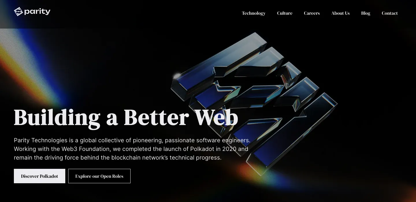 The Parity Technologies homepage: "Building a Better Web" beside a dark refractive glass logo.