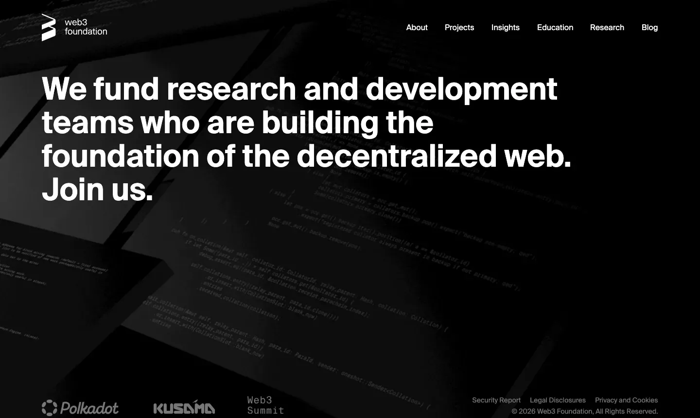 The Web3 Foundation homepage: a large white statement headline over dark angular code imagery.