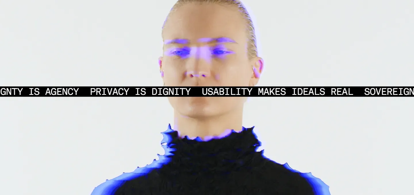 The Web3 Summit site: a pale portrait with glitched blue eyes behind a black ticker reading "Sovereignty is agency — privacy is dignity".
